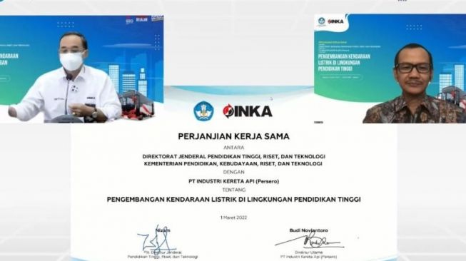 Penandatanganan kerja sama: Budi Noviantoro, Direktur Utama PT INKA (Persero) dan Nizam, Pelaksana Tugas (Plt) Direktur Jenderal Pendidikan Tinggi, Riset, dan Teknologi [ANTARA].