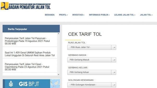 Cek tarif e-Toll di BPJT [screenshot BPJT Suara.com].