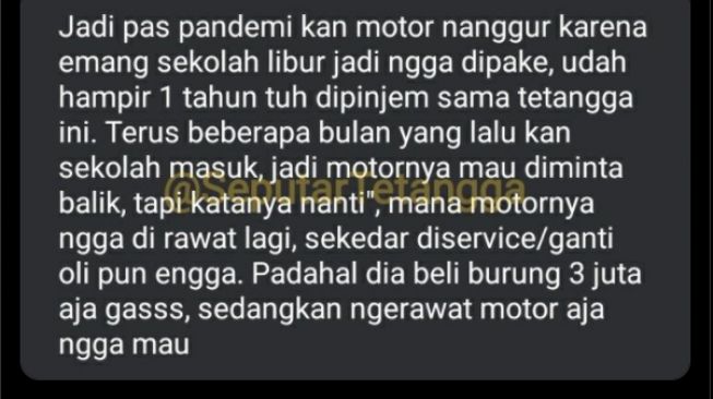 Curhatan pemilik motor tentang tetangga yang rese saat dipinjami motor (Twitter)