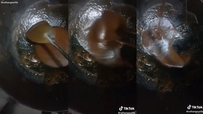 Viral diduga minyak goreng curah oplosan berbau lilin dan menjadi seperti adonan dodol. (TikTok/@raihangaurifa)