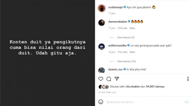 Tulisan Uus di Instagram yang diduga untuk menyindir Atta Halilintar. [Instagram]