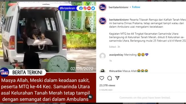 Salut! Diduga Habis Kecelakaan, Dimas Pratama Tetap Ikut Lomba MTQ di Samarinda Walau Dalam Perawatan di Ambulance