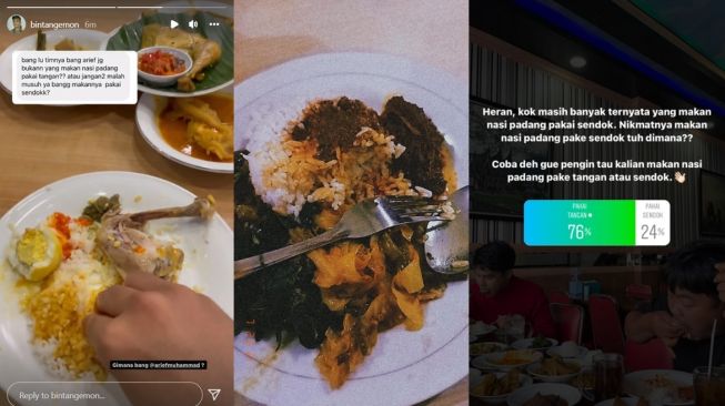 Bintang Emon dan Arief Muhammad sepakat makan nasi Padang dengan tangan langsung. [Instagram]