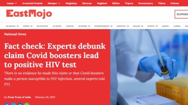 Screenshot hasil penelusuran soal narasi vaksin Covid-19 meningkatkan potensi terinfeksi HIV dan penerima vaksin dosis ketiga harus segera tes HIV. (Eastmojo via Turnbackhoax.id)