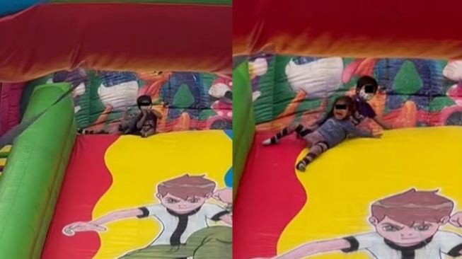 Ogah Rugi, Bocah Ini Seret dan Paksa Adiknya Main Perosotan di Istana Balon, Warganet: Definisi Dipaksa Bahagia