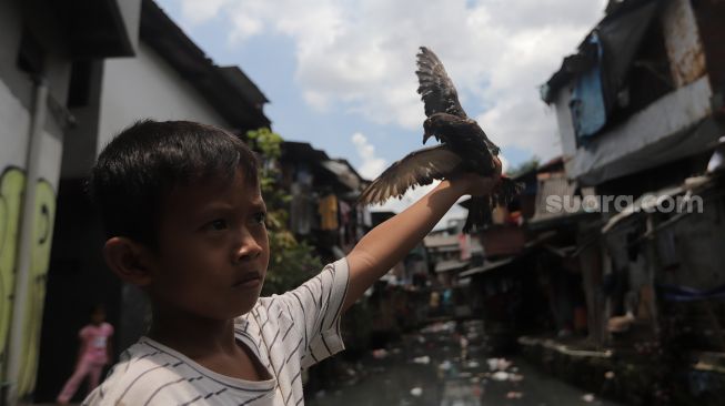 Seorang anak bermain burung di permukiman padat penduduk di kawasan Kebon Melati, Jakarta, Kamis (3/3/2022). [Suara.com/Angga Budhiyanto]