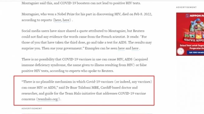 Screenshot hasil penelusuran soal narasi vaksin Covid-19 meningkatkan potensi terinfeksi HIV dan penerima vaksin dosis ketiga harus segera tes HIV. (Reuters via Turnbackhoax.id)