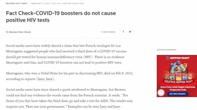 Screenshot hasil penelusuran soal narasi vaksin Covid-19 meningkatkan potensi terinfeksi HIV dan penerima vaksin dosis ketiga harus segera tes HIV. (Reuters via Turnbackhoax.id)