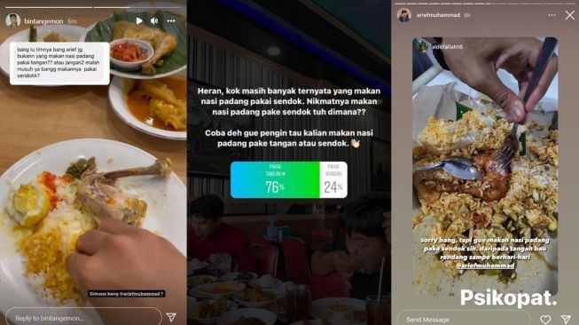 Bintang Emon dan Arief Muhammad sepakat makan nasi Padang dengan tangan langsung. [Instagram]