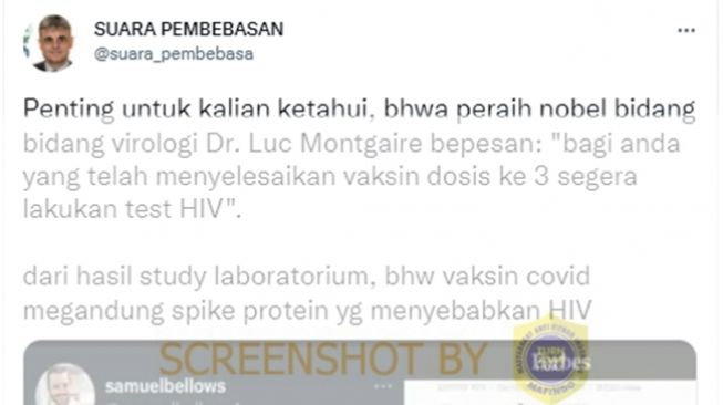 Screenshot narasi vaksin Covid-19 menyebabkan HIV dan penerima vaksin dosis ketiga harus segera tes HIV. (Turnbackhoax.id)