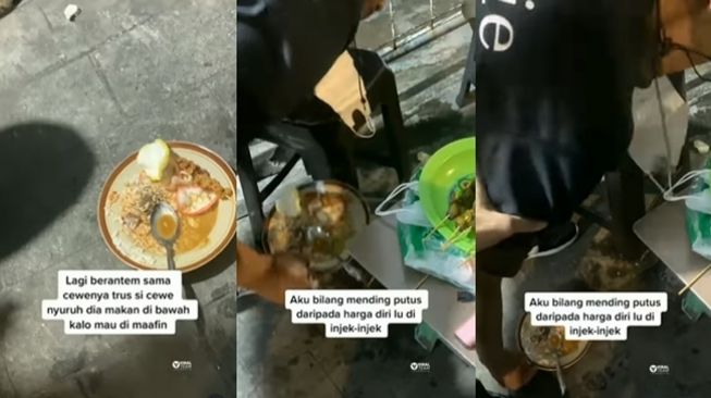 Cowok rela makan di bawah demi dimaafkan pacar, warganet mengamuk. (Instagram/@viralkak)