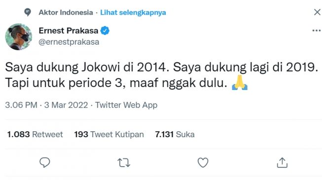 Ernest Prakasa Tanggapi Penundaan Pemilu: Jokowi 3 Periode? Maaf Gak Dulu