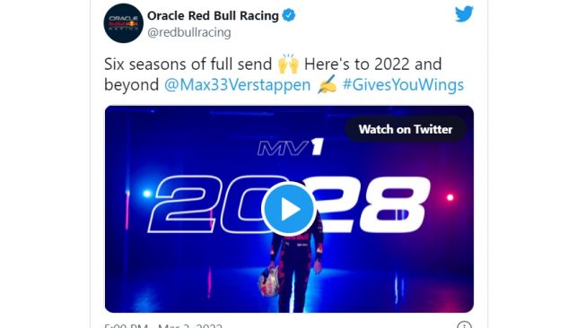 Max Verstappen resmi memperpanjang kontrak bersama tim Red Bull Racing hingga 2028 (Twitter)