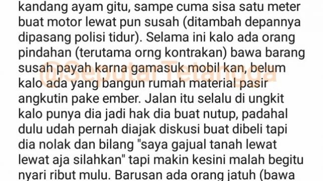 Cuplikan keluhan warganet terhadap tetangganya yang menutup jalan desa pakai kandang ayam. (Twitter/@SeputarTetangga)