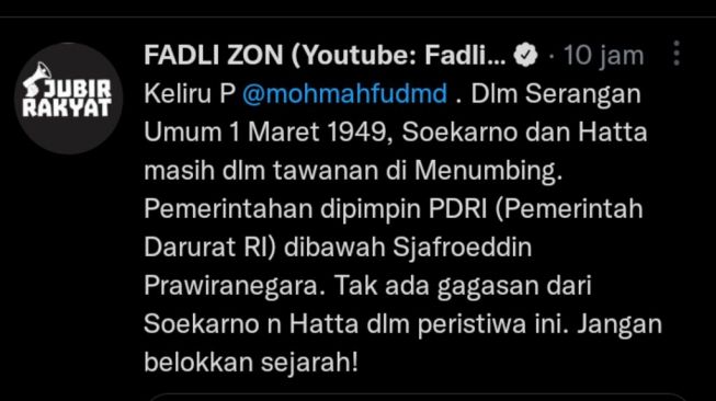 Fadli Zon Skak Mahfud MD: Jangan Belokkan Sejarah!