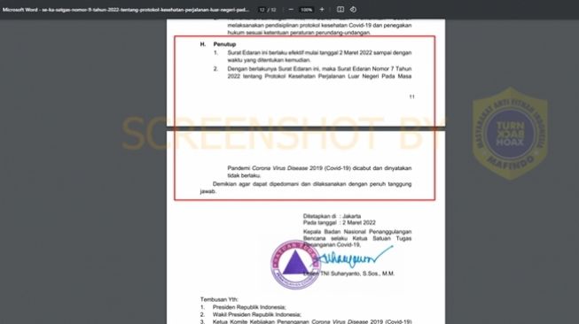 Screenshot bagian penutup SE Satgas 9/2022 yang sebenarnya dan bukan mencabut serta menyatakan Covid-19 tidak berlaku. (Turnbackhoax.id)