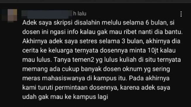 Screenshot curhatan warganet soal oknum dosen yang meminta uang pelicin Rp10 juta kepada mahasiswa yang menjalani bimbingan skripsi. (YouTube via Twitter/@tubirfess)