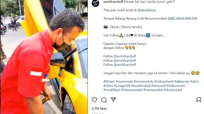 Ban Lamborghini Aventador mengalami bocor dan ditambal di tukang tambal pinggir jalan (Instagram)