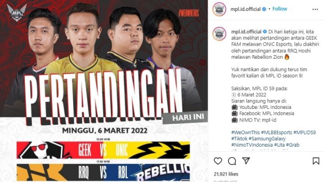 Jadwal MPL ID Season 9 minggu ketiga. [Instagram]