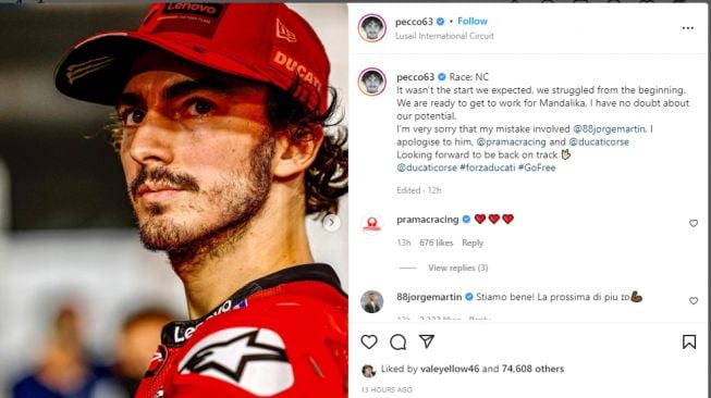 Francesco Bagnaia melayangkan permintaan maaf kepada Jorge Martin usai tabrakan di MotoGP Qatar 2022 (Instagram)