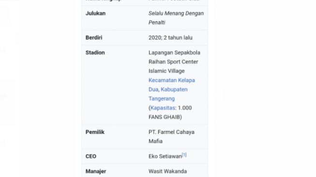 Tangkapan layar laman wikipedia tentang klub Farmel FC