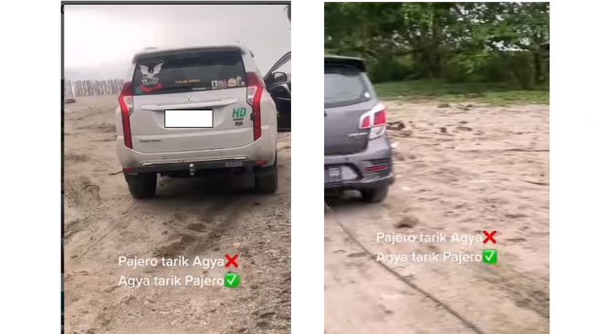 Heboh Toyota Agya Tarik Mitsubishi Pajero Sport yang Terjebak di Pasir, Publik Heran