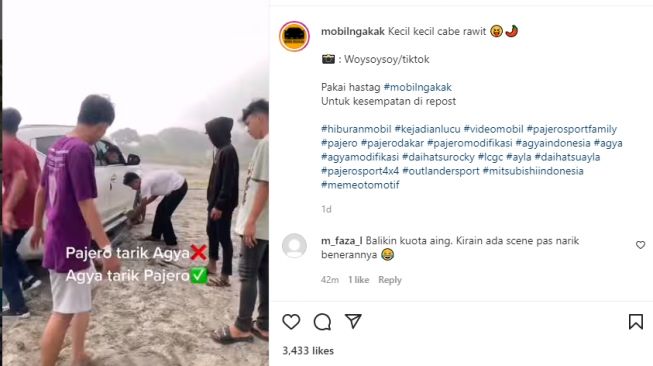 Pajero Sport ditarik Toyota Agya di pasir pantai (Instagram)