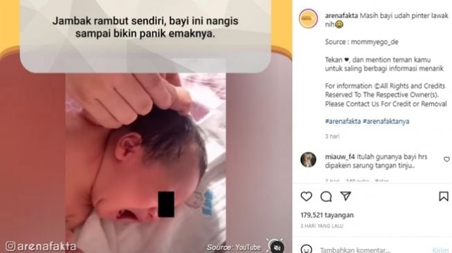 Bayi nangis kejer ternyata karena jambak rambut sendiri. (Instagram/@arenafakta)