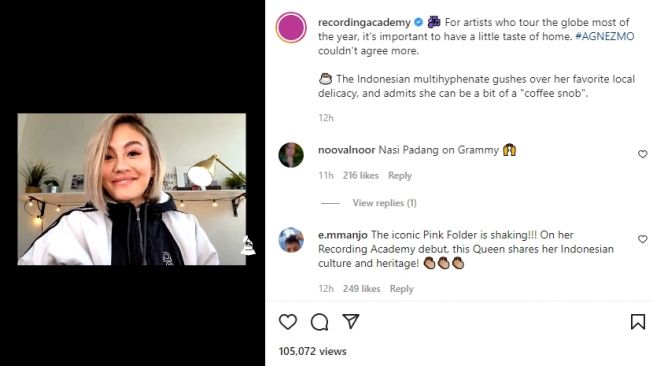 Agnez Mo perkenalkan nasi Padang saat wawancara Grammy [Instagram/@recordingacademy]