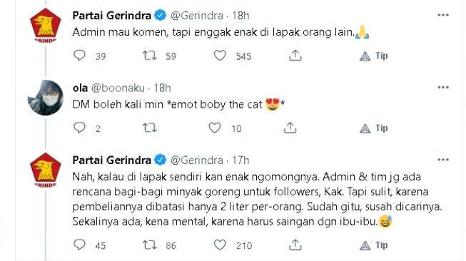 Komentar admin akun twitter partai Gerindra (twitter)