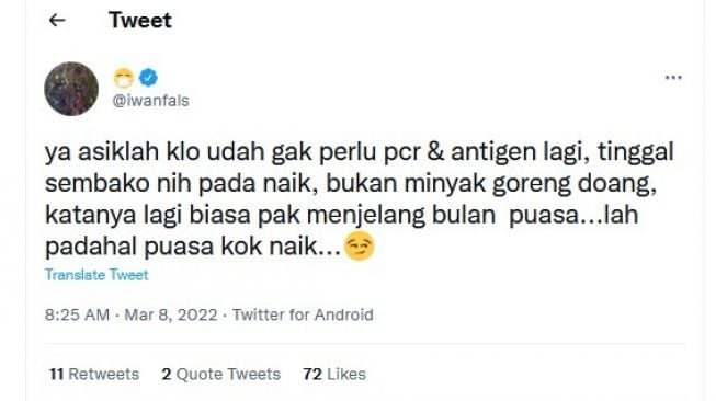 Twit Iwan Fals mengenai kenaikan bahan pokok jelang Ramadan. [Twitter]