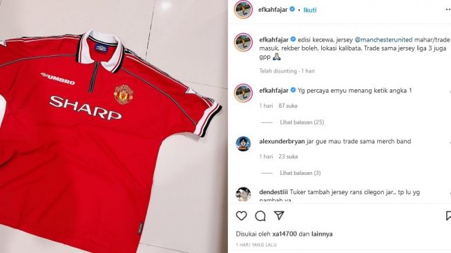 Efkahfajar siap lepas jersey MU kesangan setelah Cristiano Ronaldo dkk kalah 4-1 dari Manchester City. [Instagram]