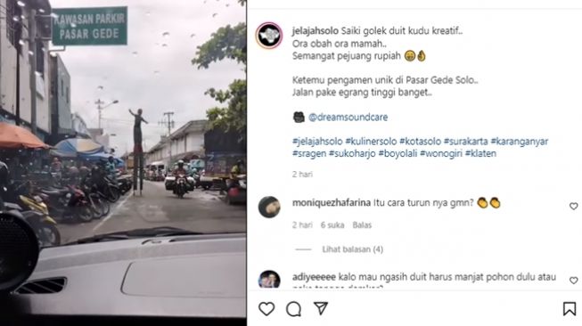 Aksi pengamen unik pakai egrang tinggi banget di Pasar Gede, Solo, Jawa Tengah. (Instagram/@dreamsoundcare)