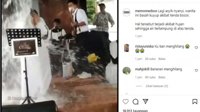 Apes, wanita kena guyuran hujan lokal saat asyik menyanyi. (Instagram/@memomedsos)