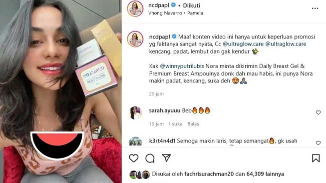 Nora Alexandra mereview produk pengencang payudara di Instagram. Namun warganet malah salah fokus dengan tanda merah yang ada di dadanya. [Instagram]