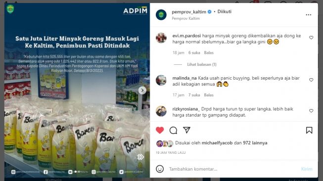 Akun Instagram Official Pemprov Kaltim Diserang Warganet, Bertanya Stok Minyak yang Disebut Aman Tapi Tak Kelihatan