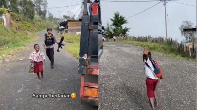 Momen Pelajar di Papua Pergi Sekolah Diantar Mobil Polisi 'Semangat Adik'