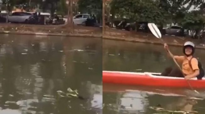 Bye bye Macet! Siswa Ini Ngebut Pakai Helm Terabas Sungai, 'Dayung ke Bikini Botttom'