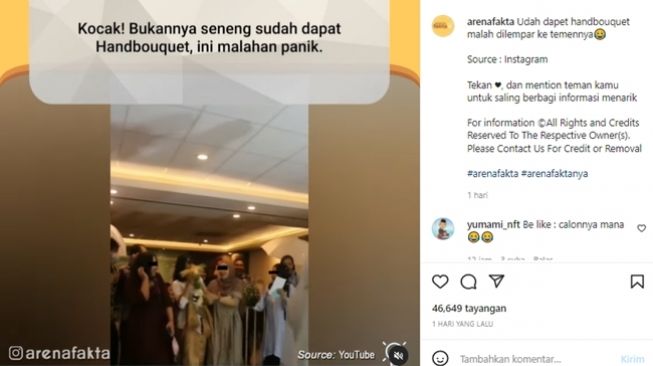 Gadis-gadis viral menangkap buket pernikahan dan bahkan memberikannya kepada tamu lain.  (Instagram/@arenafact)