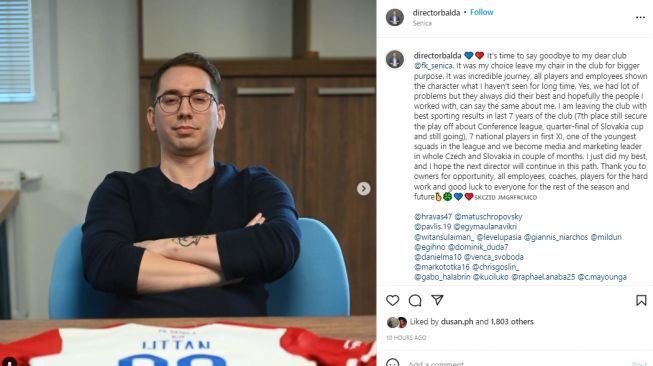 David Balda, sosok yang datangkan Egy dan Witan ke FK Senica mundur dari klub. (Instagram/directorbalda)