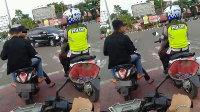 Pemotor tak pakai helm santai mengobrol dengan polisi lalu lintas. (Instagram/@dramaojol.id)