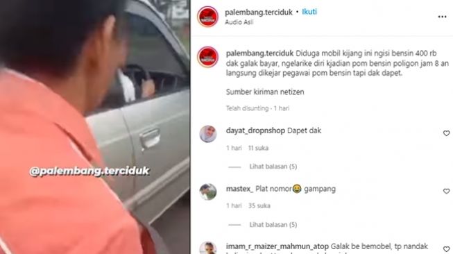 Seorang petugas polisi SPBU mengejar seorang pengendara motor yang diduga kabur setelah membeli bensin senilai Rp 400.000.  (Instagram/@palembang.terciduk)