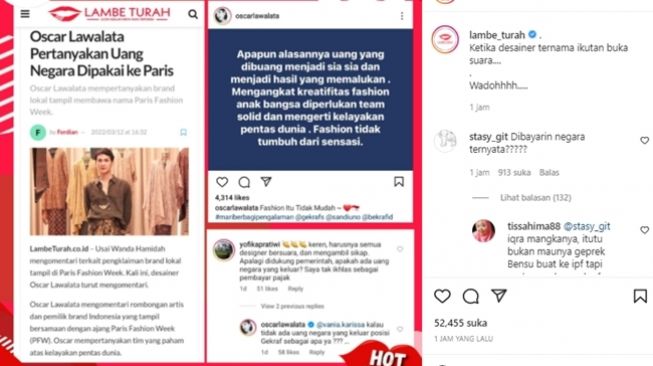 Oscar Lawalata pertanyakan penggunaan uang negara di fashion show di Paris. (Instagram/@lambe_turah)