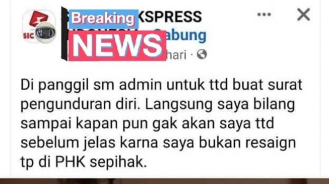 Screenshot cerita kurir yang diminta menandatangani surat pengunduran diri padahal di-PHK SiCepat Ekspres. (Facebook via Twitter/@arifnovianto_id)