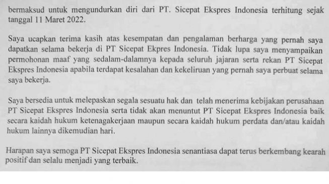 Kutipan surat pengunduran diri yang harus ditandatangani karyawan SiCepat Ekspres yang akan di-PHK. (Twitter/@arifnovianto_id)