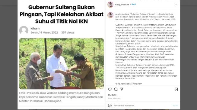 Kabar Rusdy Mastura, Gubernur Sulawesi Tengah yang kelelahan setelah acara ritual Kendi Nusantara IKN (instagram/rusdy_mastura)