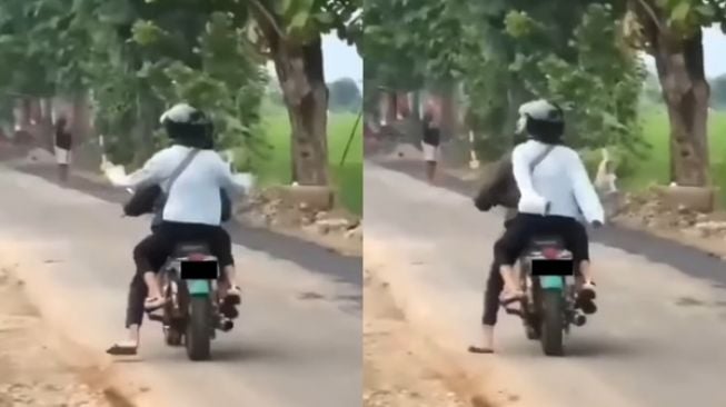 Viral Sejoli Boncengan Naik Motor Mogok, Aksi Cewek Bantu 'Dorong' Bikin Warganet Salfok [instagram/@dramaojol.id]