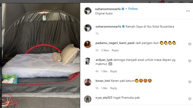 Fasilitas tenda jajaran menteri saat kemping di kawasan Titik Nol Kilometer IKN Nusantara di Kalimantan Timur, Senin (14/3/2022). (Tangkapan Layar IG @suharsomonoarfa).