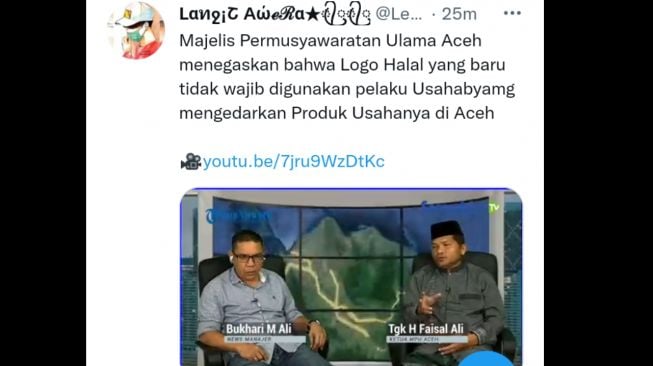 Tangkapan layar wawancara Ketua MPU Aceh Tengku Faisal Ali. [Tangkapan layar Akun Twitter @Lelaki_5unyi]