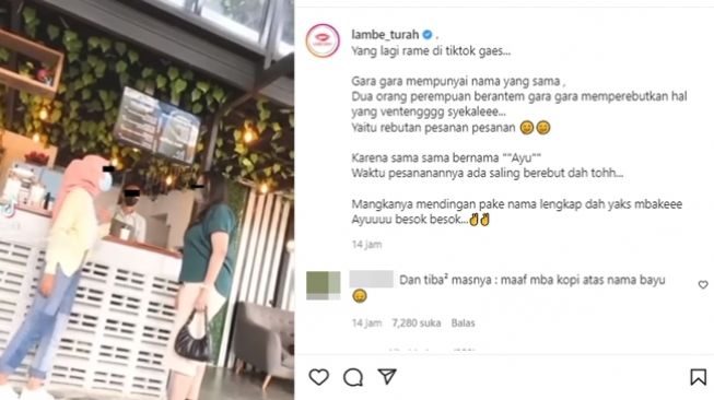 Cewek perebutkan pesanan di kafe karena mempunyai nama yang sama. (Instagram/@lambe_turah)